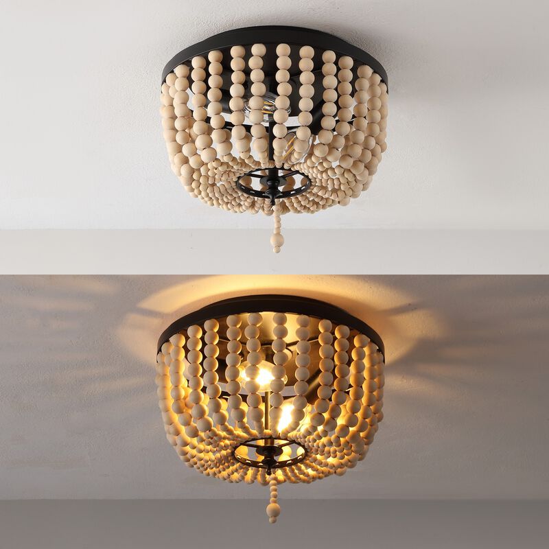 Allison 2-Light Shabby Chic Farmhouse Wood Beaded/Metal LED Flush Mount