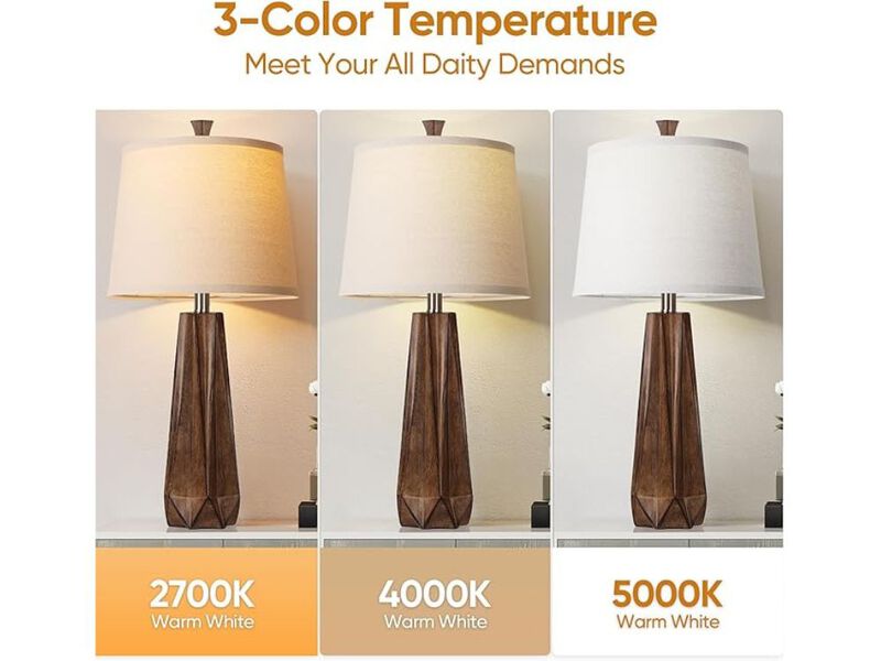 27" Table Lamp Set of 2 &ndash; Wood Grain Resin Base, Linen Shade, 3-Color LED