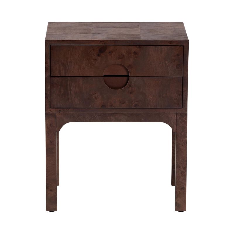 bali & pari Kayla Real Burl Wood Nightstand in Dark Walnut Brown - Modern Bedside Table with Two Drawers and Cutout Handle Design