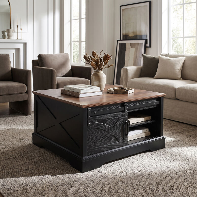 Modern 31.5" Black Dark Brown Wooden Farmhouse Square Coffee Table with Top Flip Cover and Sliding Barn Door Storage image number 6