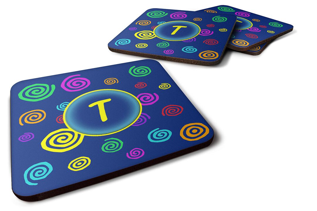 Caroline's Treasures CJ1011-TFC Monogram-Blue Swirls Foam Coasters (Set of 4), Initial Letter T, 3.5 H x 3.5 W, Multicolor