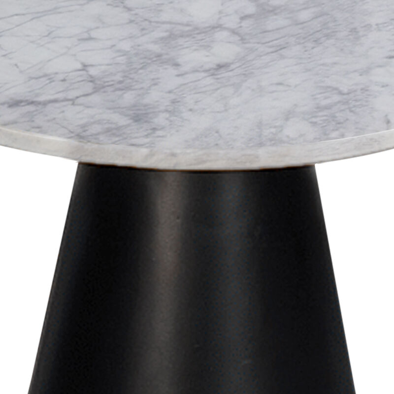Riko Side End Table, White Natural Marble 18 Inch Round Top, Modern Black Pedestal Base