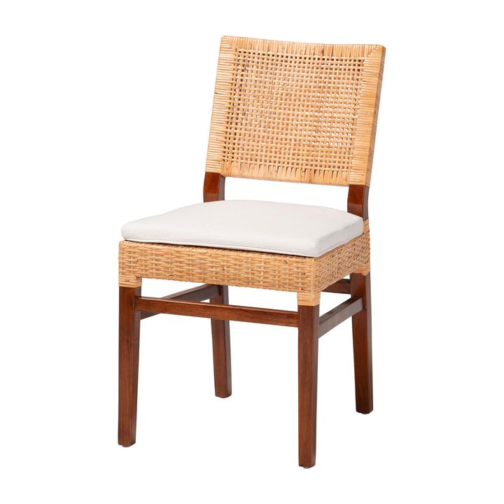 bali & pari Lesia Natural Rattan Dining Chair with Cushion - Handwoven Wicker Side Chair with Mahogany Wood Frame, Coastal Boho Style Seating for Kitchen or Dining Room
