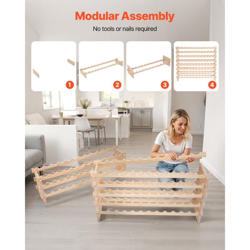 Stackable 96 Bottle Wine Rack with 8 Tiers for Kitchen, Cellar and Bar-Natural image number 4