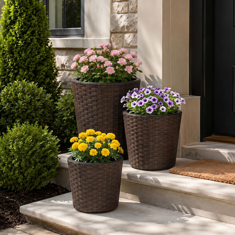 3 Pack Plastic Flower Pots with Saucers for Porch and Garden image number 4