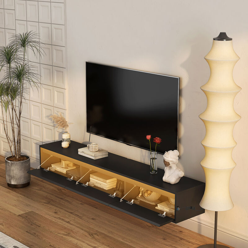 GOODSILO Floating TV Stand with LED Lights and Power Outlet, High Gloss Wall Mounted Storage Cabinet for Living Room Entertainment image number 3