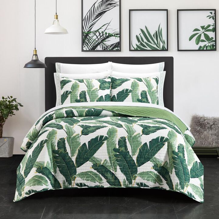 Chic Home Palm Springs Quilt Set Stitched Palm Tree Print Bed In A Bag - Sheet Set Decorative Pillow Shams Included - 9 Piece - Queen 88x90", Green