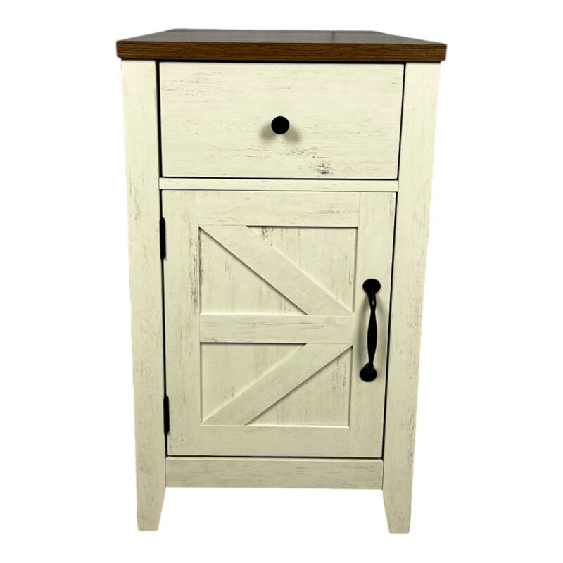 Streamdale Farmhouse End Table with Barn Door & Drawer, Charging Station