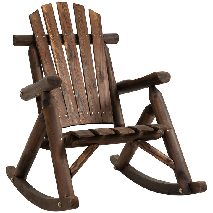 Outsunny Outdoor Wooden Rocking Chair, Single-person Rustic Adirondack Rocker with Slatted Seat, High Backrest, Armrests for Patio, Garden and Porch, Brown