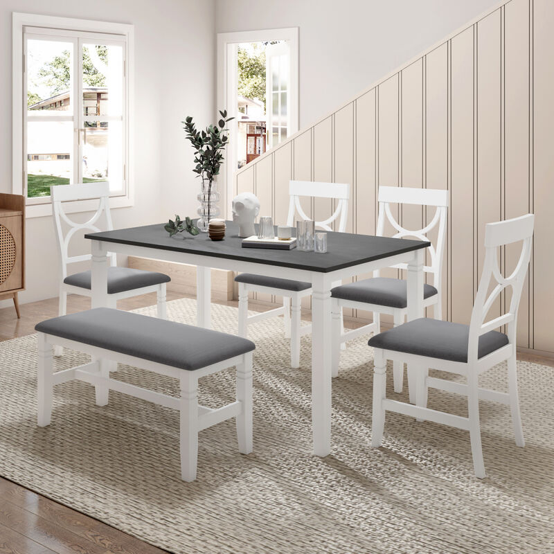 6-Piece Wood Dining Table Set Kitchen Table Set with Upholstered Bench and 4 Dining Chairs, Farmhouse Style, Gray+White