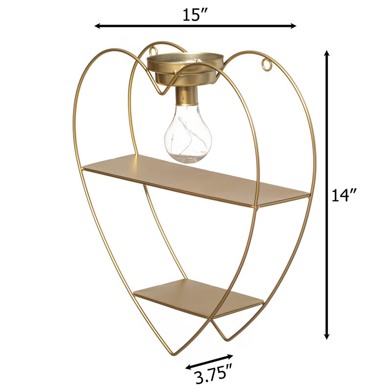Vintiquewise Heart-Shaped 2-Tier Floating Metal Wall Shelf with Overhead Light Bulb &ndash; Decorative Wall-Mounted Shelf for Bedroom, Living Room, Hallway, Bathroom, or Entryway Decor, Gold Finish
