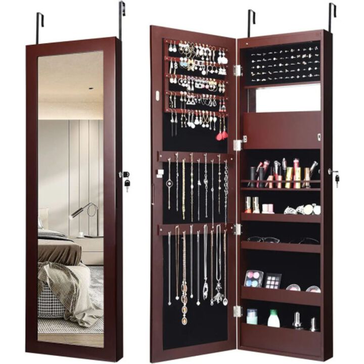Hivvago Lockable Wall Door Mounted Mirror Jewelry Cabinet w/LED Lights-Black