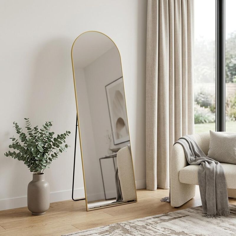 HomeRoots 63" Gold Metal Arch Freestanding and Wall Mount Framed Full Length Mirror image number 1
