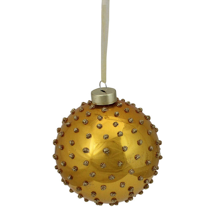 Golden Yellow 2-Finish Dot Round Glass Christmas Ball Ornament 4" (100mm)