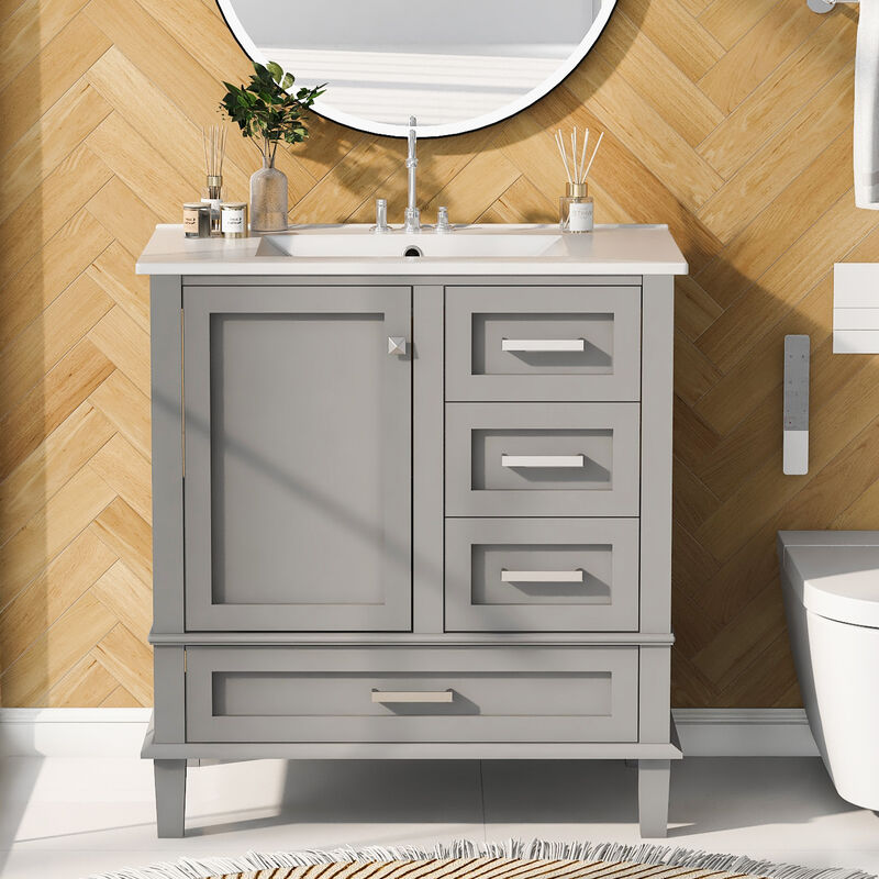 Whisen 30 in. Bathroom Storage Cabinet Bathroom Vanity with Ceramic Sink, Soft Close Door and 3 Drawers