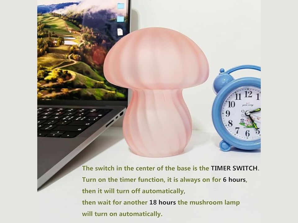 Mushroom Table Lamp Pink Stripes Glass Bedside Nightstand Desk Night Light