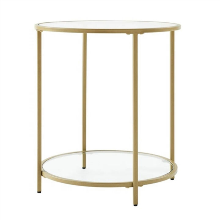 Modern Glass Top Round Metal End Table Nightstand with Bottom Shelf