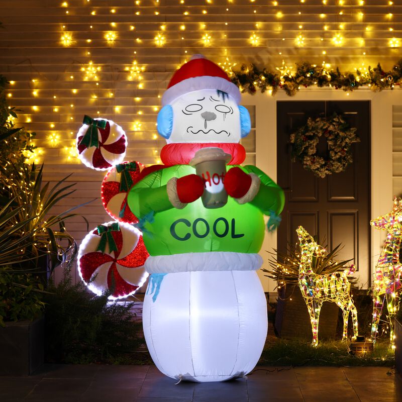 LuxenHome 6.8Ft Shivering Snowman in Ugly Christmas Sweater Inflatable with LED Lights