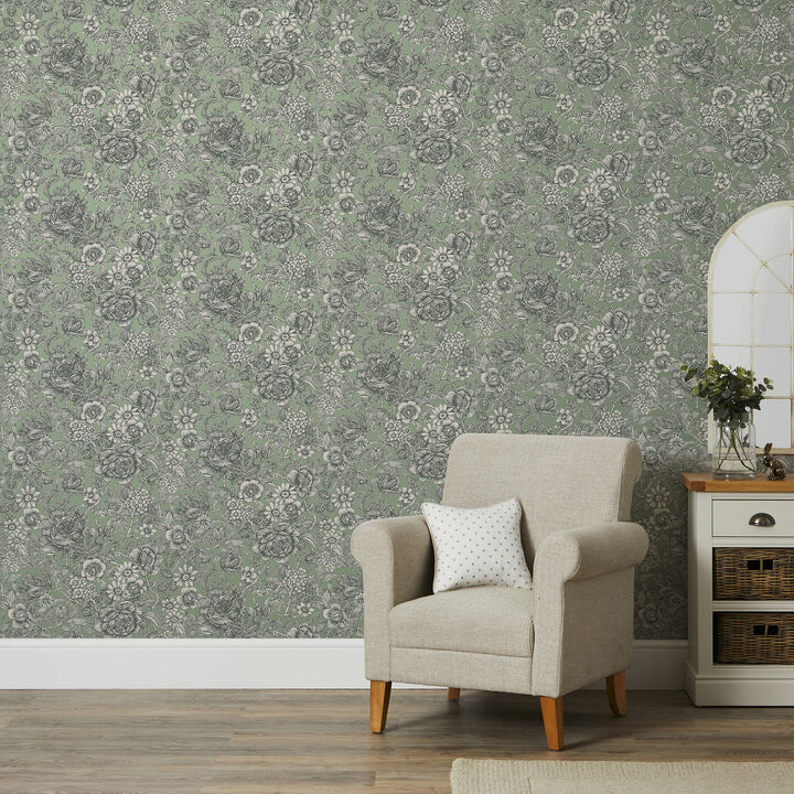 Hedgerow Green Floral Trails Wallpaper