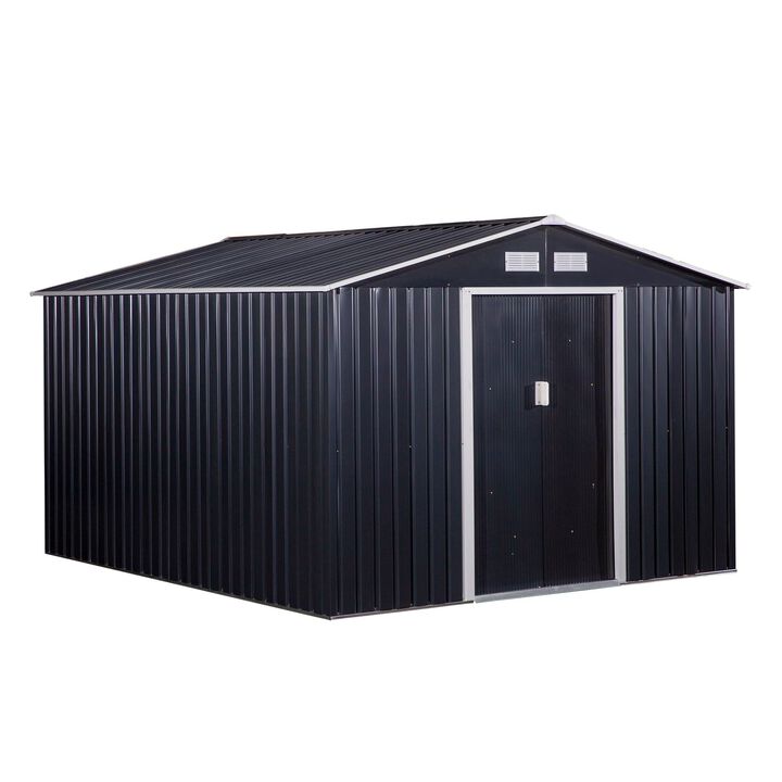 11' x 9' Metal Storage Shed Garden Tool House with Double Sliding Doors, 4 Air Vents for Backyard, Patio, Lawn Dark Grey