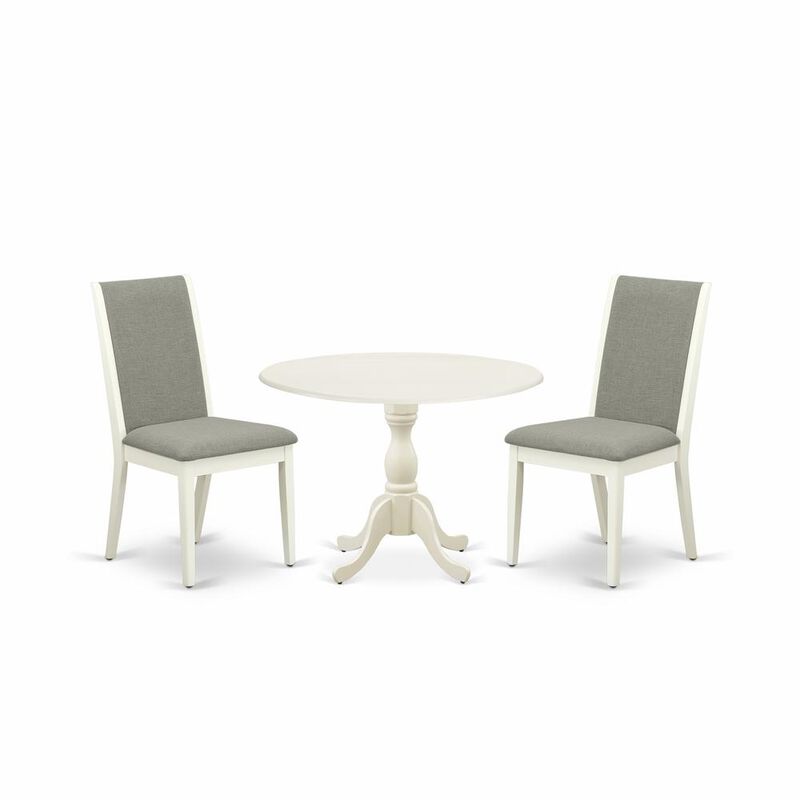 East West Furniture DMLA3-LWH-06 3 Piece Wooden Dining Table Set Includes 1 Drop Leaves Dining Table and 2 Shitake Linen Fabric Upholstered Dining Chair with High Back - Linen White Finish