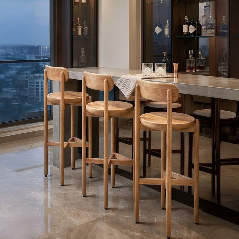 Maona Bar Stool Chair with Round Seat, Curved Open Back, Natural Brown Mango Wood image number 7