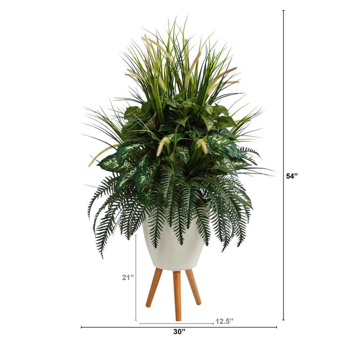 HomPlanti 4.5" Mixed Greens Artificial Plant in White Planter with Legs
