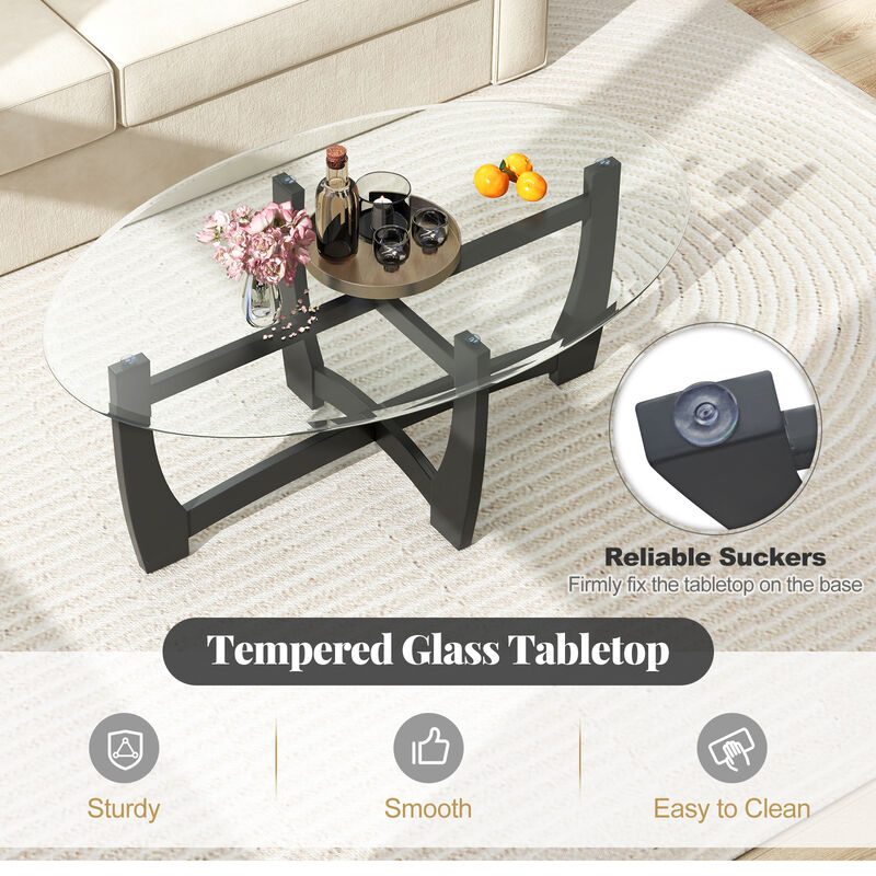 Oval Coffee Table with Tempered Glass Tabletop and Rubber Wood Legs