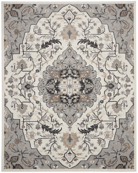 HomeRoots 9' X 12' Ivory Black and Gray Floral Medallion Non Skid Area Rug