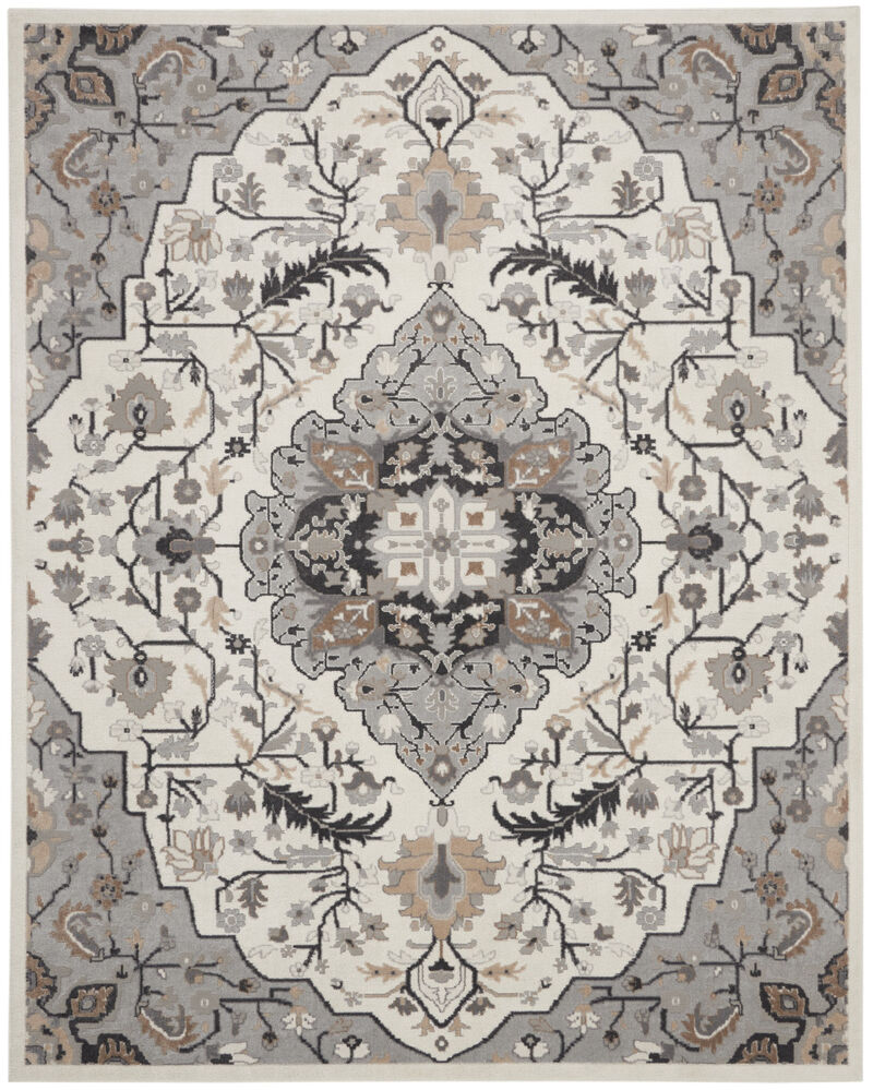 HomeRoots 9' X 12' Ivory Black and Gray Floral Medallion Non Skid Area Rug image number 0
