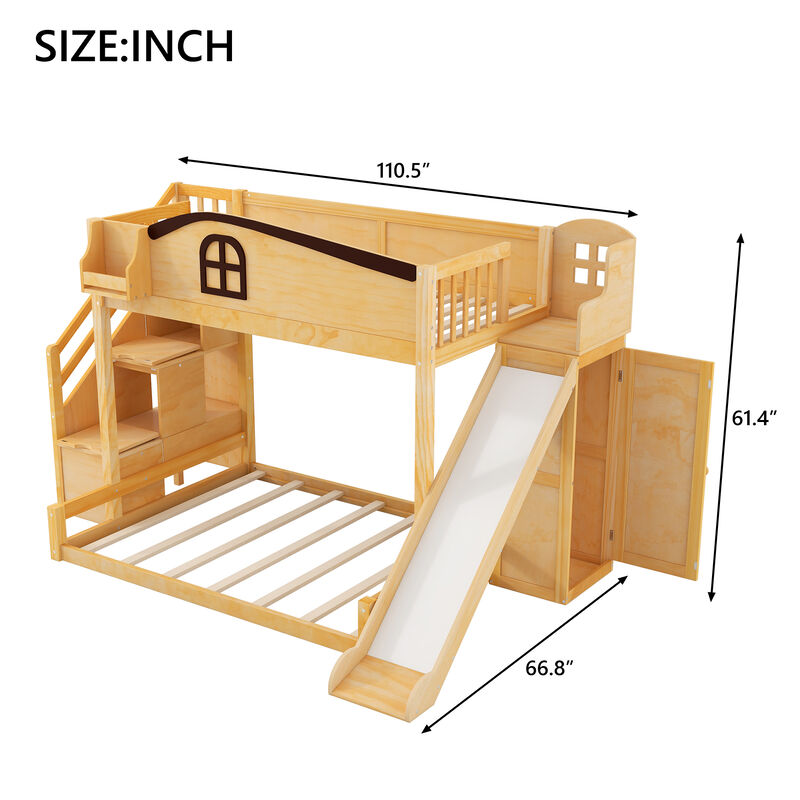 Merax Twin over Full Bunk Bed with Storage Staircase, Shelf, Slide & Wardrobe image number 4