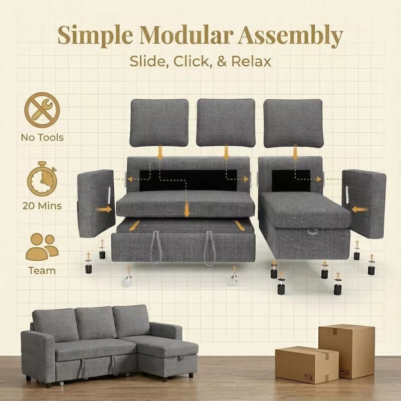 81" Sleeper Sofa Bed, 2 in 1 Pull Out Couch, Sectional Sofa with Reversible Storage, Side Pockets image number 2