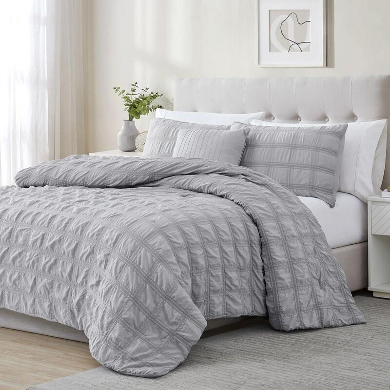Ramallah Eliza Seersucker Comforter Set - 4-Piece - King 86x102", Grey