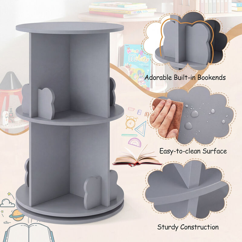 Kids 360&deg; Rotating Bookshelf 2-Tier Storage Rack with Bear Safety Baffles image number 3