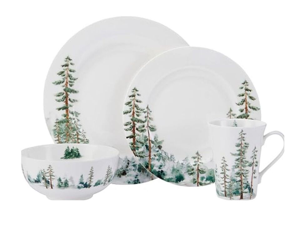 16-Piece Bone China Dinnerware Set – Forest Print Plates & Bowls for 4