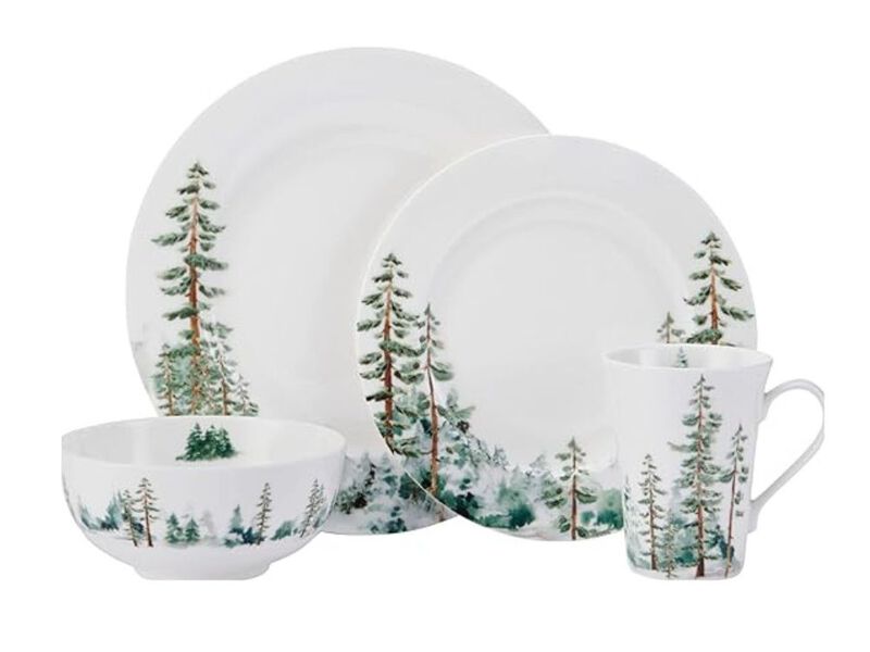 16-Piece Bone China Dinnerware Set – Forest Print Plates & Bowls for 4