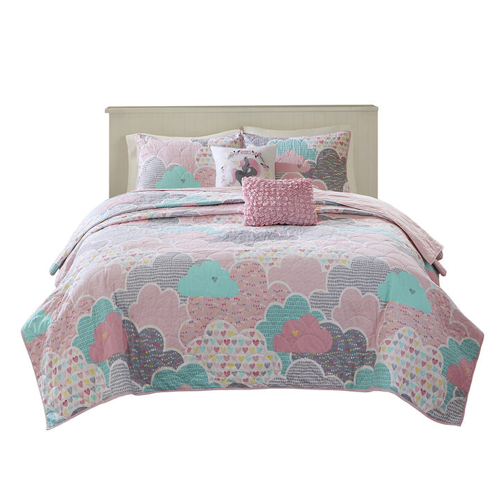 Gracie Mills Eowyn Whimsical Cloud 5-Piece Reversible Cotton Quilt Set with Decorative Pillows
