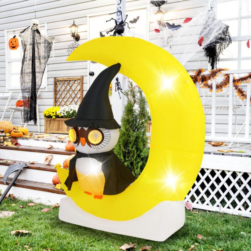 Hivvago Inflatable Owl on Moon LED Lighted Halloween Decoration with Large Moon and Wizard Owl