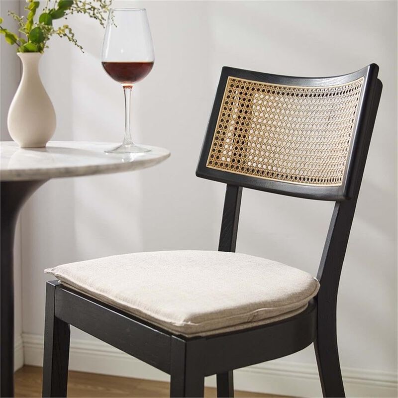 Modway Caledonia 46.5 Inch Elm Wood Bar Stools - Set of 2 in Black Beige - Padded Bar Stools with Rattan Back and Removable Cushion Cover - 2Pc High Bar Chairs with Footrest - Armless Bar Stools image number 8