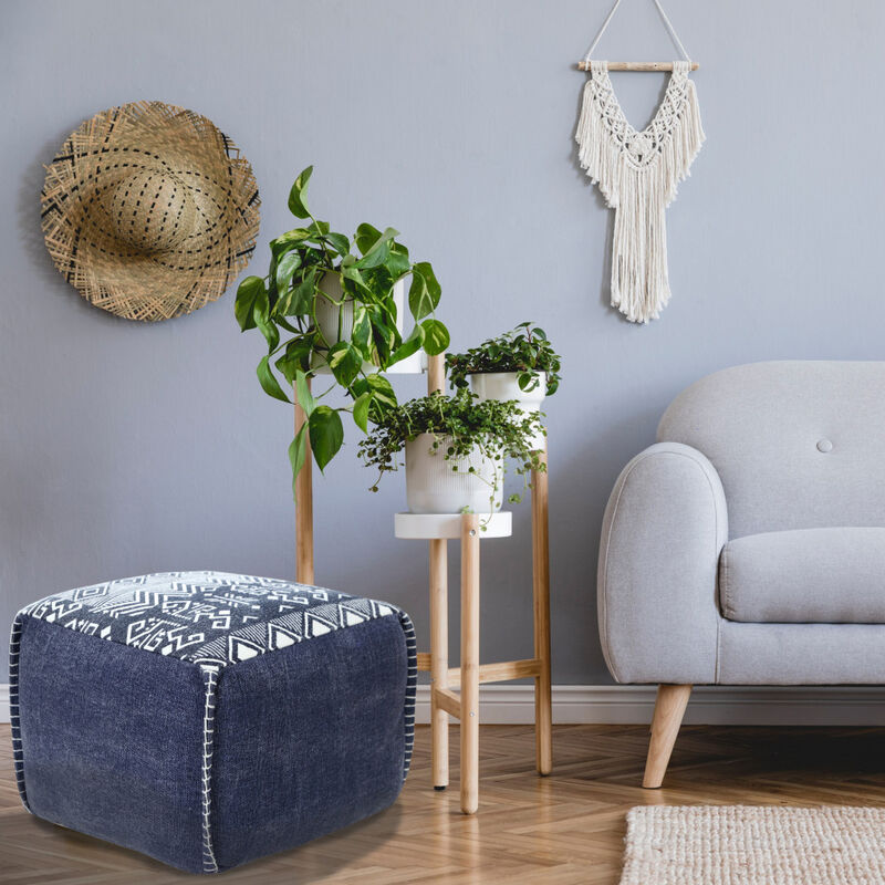 Hivvago 18 Inch Blue Cotton Geometric Pouf Ottoman