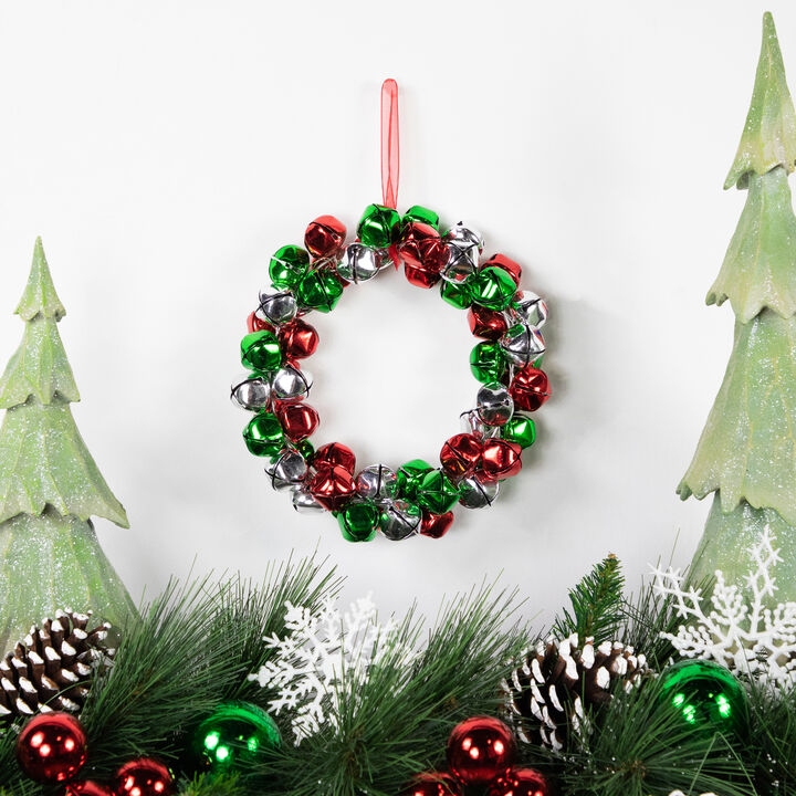 Red  Green  and Silver Jingle Bell Christmas Wreath  9-Inch  Unlit