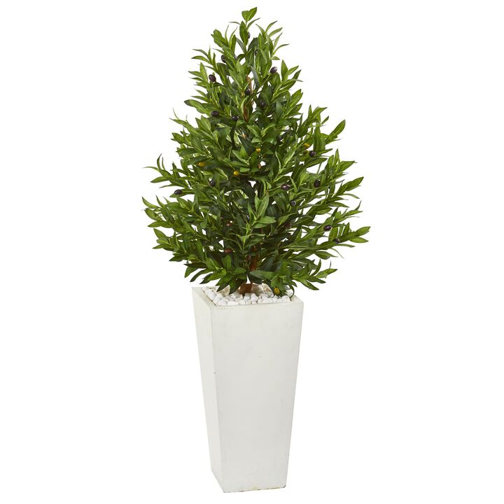 Hivvago 4 Feet Olive Cone Topiary Artificial Tree in White Planter UV Resistant (Indoor/Outdoor)