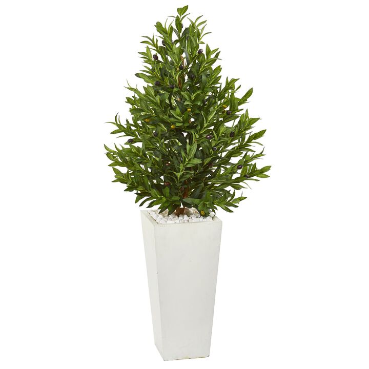 HomPlanti 4 Feet Olive Cone Topiary Artificial Tree in White Planter UV Resistant (Indoor/Outdoor)
