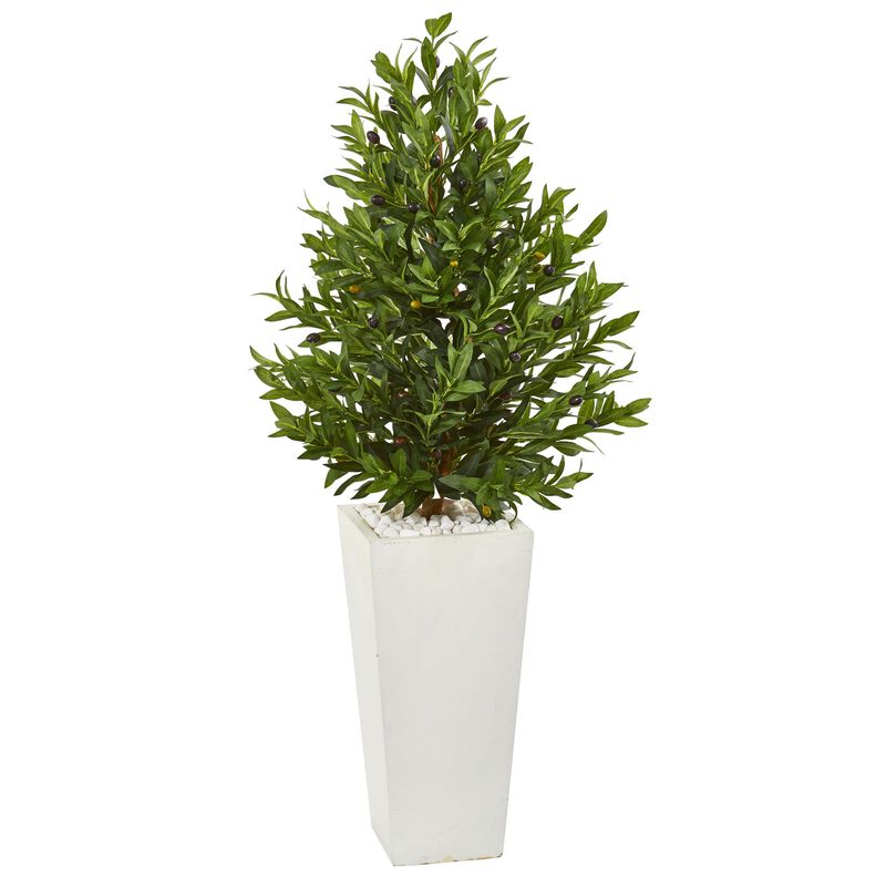 Hivvago 4 Feet Olive Cone Topiary Artificial Tree in White Planter UV Resistant (Indoor/Outdoor)