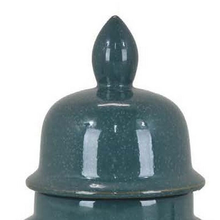 Caty 20 Inch Temple Jar, Finial Dome Lids, Classic, Ceramic, Green Finish - Benzara