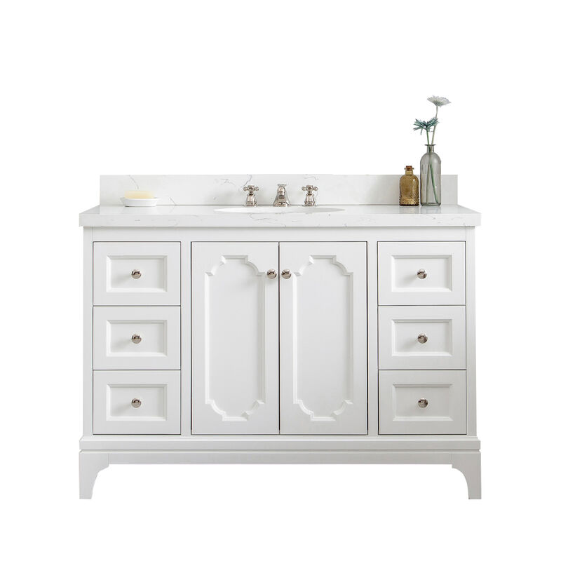 Queen 48 In. Single Sink Sink Carrara Quartz Countertop Bath Vanity in Pure White with Polished Nickel (PVD) Hardware