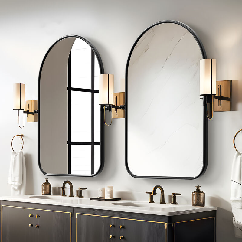 32*23  Arched Metal Black Framed Wall Mirror Round Corner Bathroom Vanity Mirror(Set Of 2)