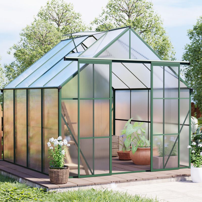 8x8 FT Double Door Polycarbonate Greenhouse Raised Base&Anchor Aluminum Duty Walk-in Greenhouses image number 2