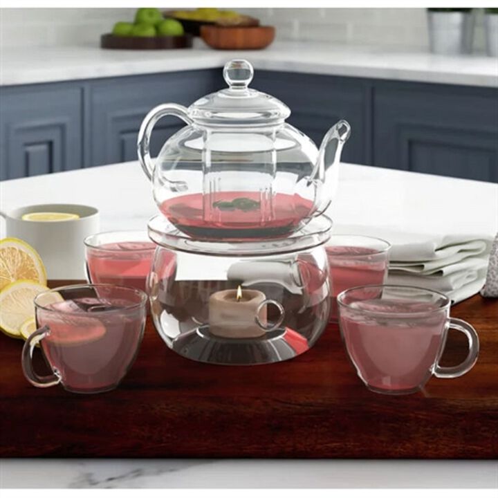 Modern Glass Teapot Set 6-Piece Borosilicate with 4 Cups, Tea Warmer & Fine Mesh Infuser