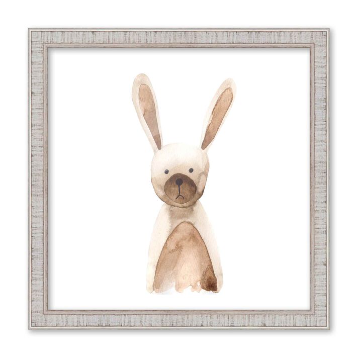10x10 Framed Nursery Wall Art Watercolor Rabbit Poster in Rustic White Wood Frame For Kid Bedroom or Playroom